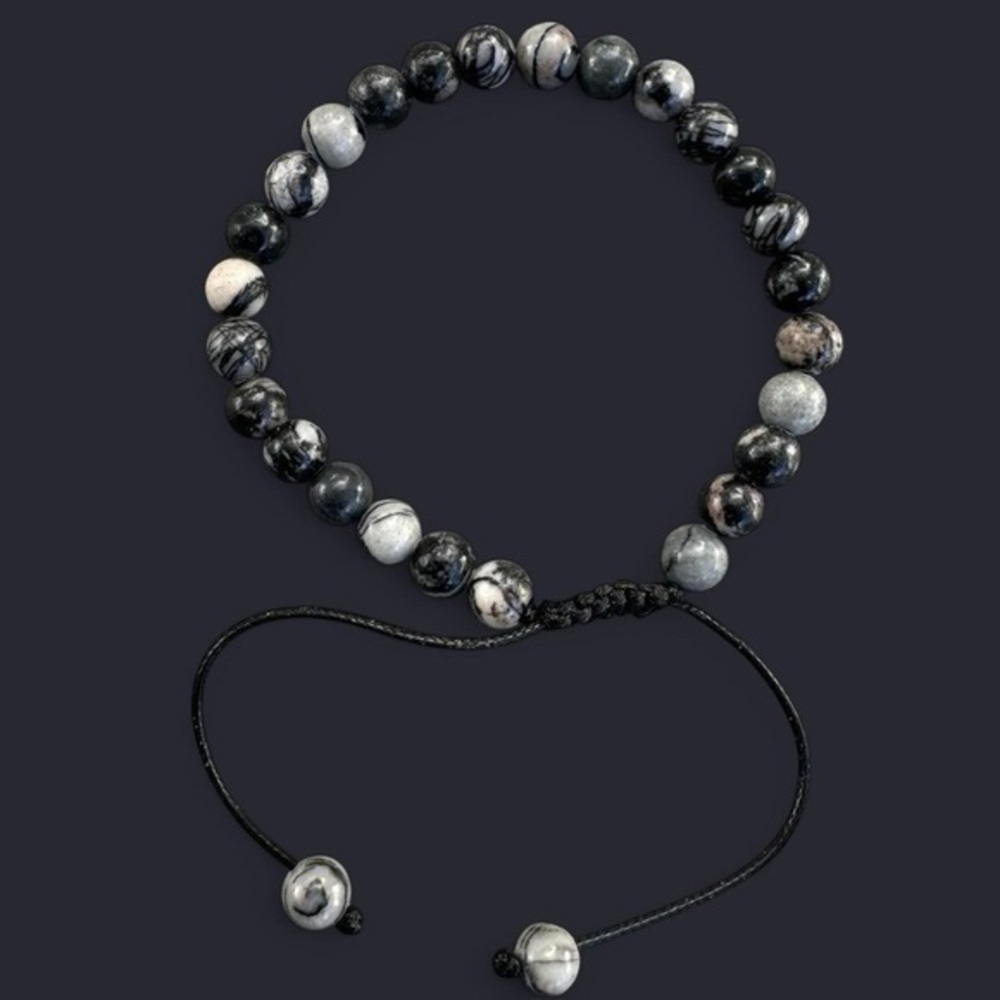 Black Picasso Jasper Adjustable Gemstone Bead Bracelet 6mm